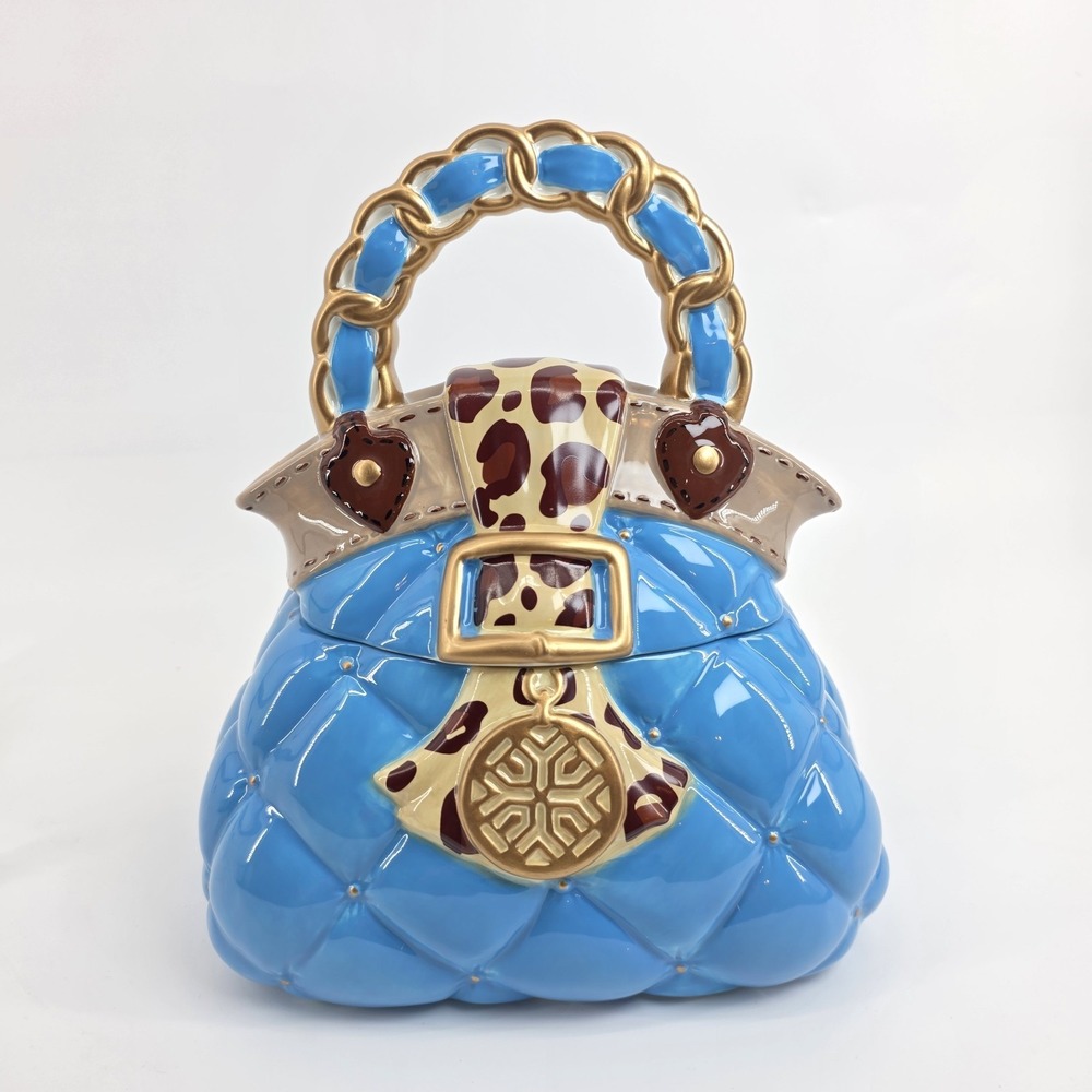 David's Cookies Handbag Turquoise & Gold Ceramic Cookie Jar Vintage 10"Height